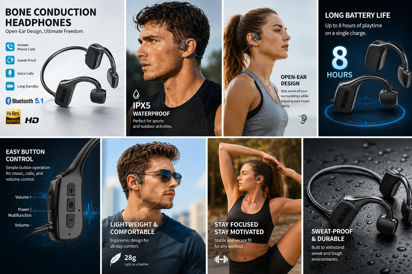 Bone Conduction Headphones Bluetooth 5.1 Wireless Headset Earbuds Outdoor Sport